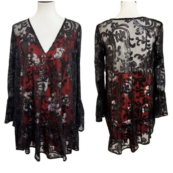 Free People Falling Flowers Frock Mini Dress Red Black Sequins Oversized Size XS - Picture 1 of 7
